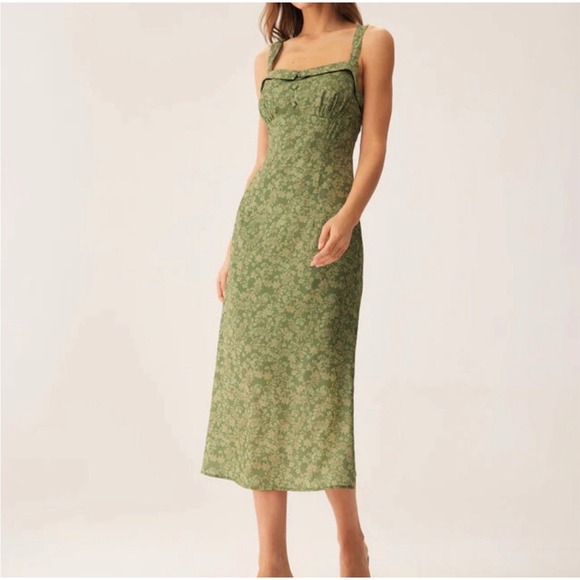 Rihoas Green‎ Floral Square Neck Slip Midi Dress XL Empire Waist Milkmaid - Picture 1 of 13